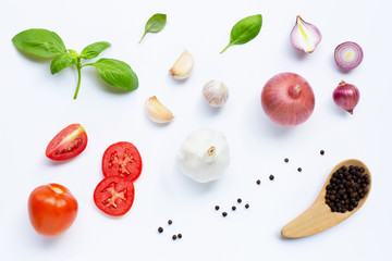 Various fresh vegetables and herbs on white background. Healthy eating concept