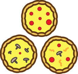 Three pizza colored icon with tomatoes, cheese and mushrooms