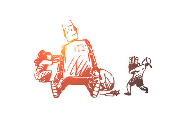 Robot, kids, play, education, machine concept. Hand drawn isolated vector.
