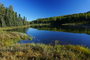 Beautiful wild landscape in  Alaska reflecting in calm lake
