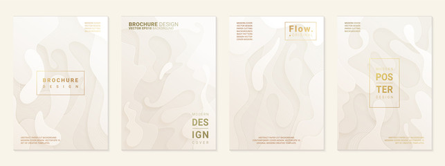 Vector set of cover design template with paper cutting abstract patterns; Modern white gradient; Realistic carving art; Vector 3d templates; Material design concept.