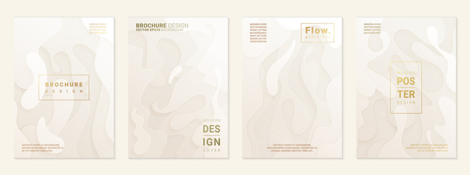 Vector set of cover design template with paper cutting abstract patterns; Modern white gradient; Realistic carving art; Vector 3d templates; Material design concept.