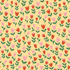 Pink flower field on yellow background, seamless floral vector pattern