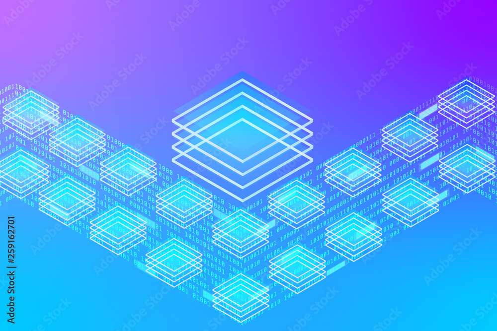 Aufkleber Big Digital Data Server Security Protection Center Screen Control Panel. Decentralized Network Communicate Cyberspace 3d Scifi Technology Concept Design Illustration.