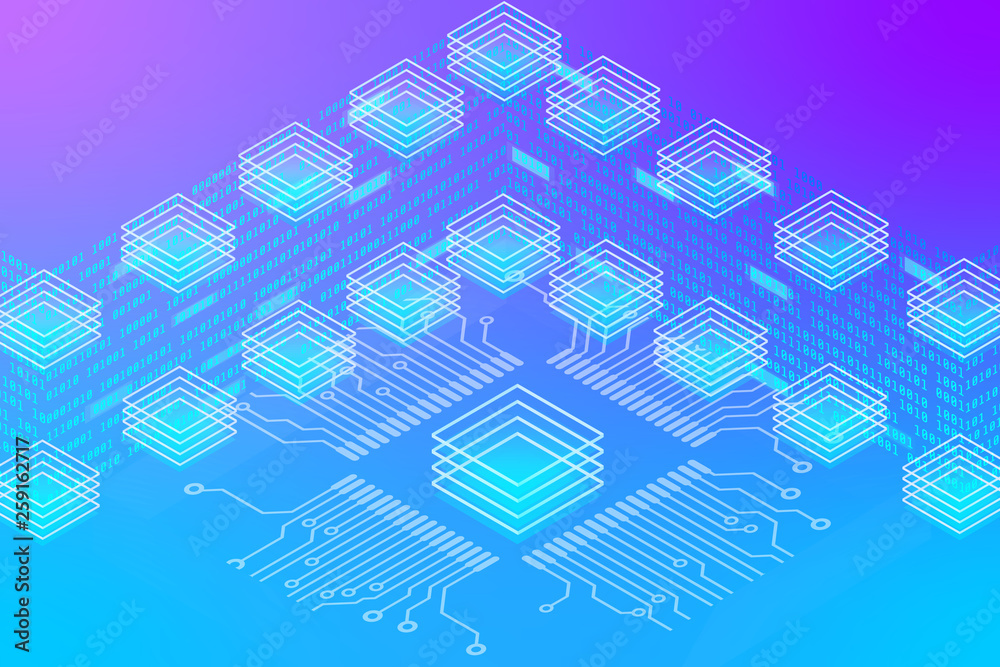 Aufkleber Big Digital Data Server Security Protection Center Screen Control Panel. Decentralized Network Communicate Cyberspace 3d Scifi Technology Concept Design Illustration.