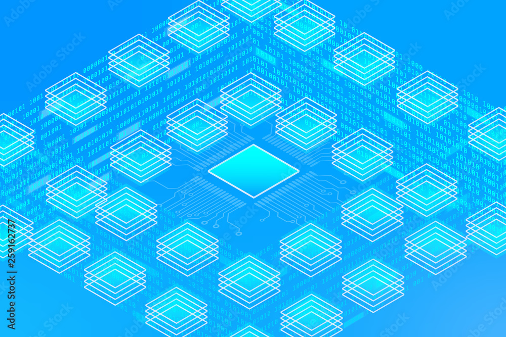 Aufkleber Big Digital Data Server Security Protection Center Screen Control Panel. Decentralized Network Communicate Cyberspace 3d Scifi Technology Concept Design Illustration.