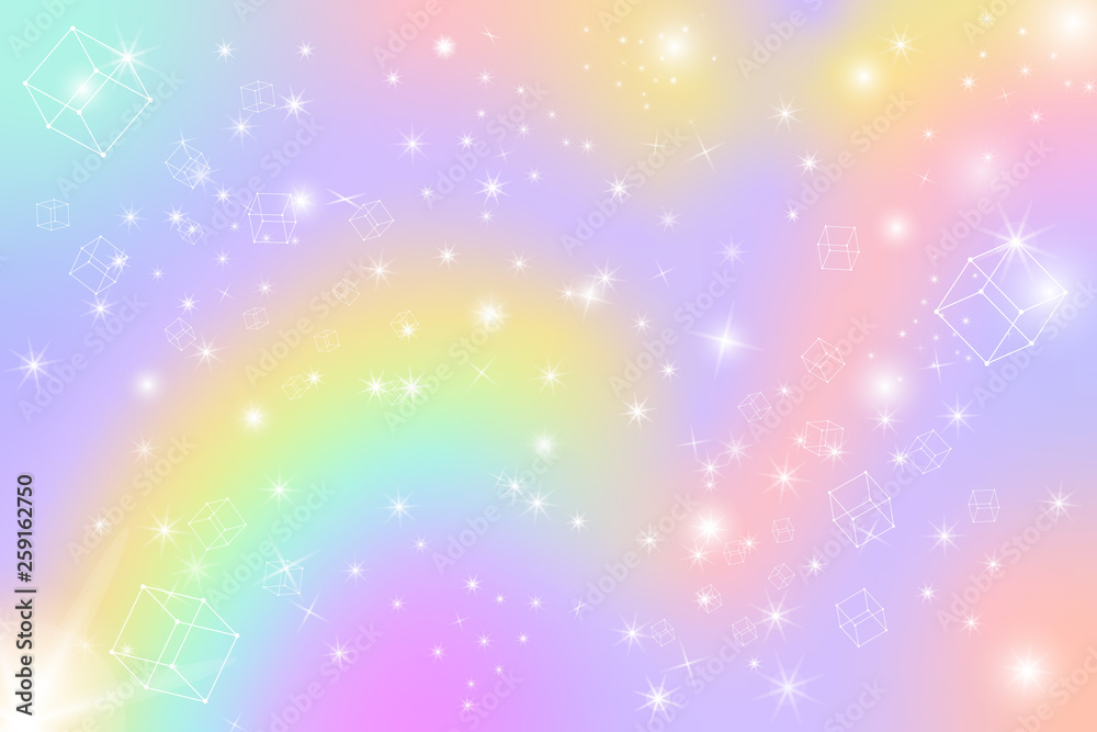 Poster pastel colorful tone glow cloud and star bokeh reach to sky concept. cubic floating modern dream hol