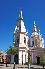 Saint Petersburg. Beautiful Baroque St. Andrew's Cathedral against blue sky on Vasilievsky Island in spring morning