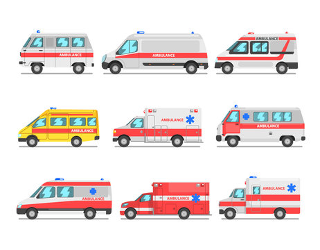 Collection of ambulance service cars, emergency medical vans vector Illustration on a white background