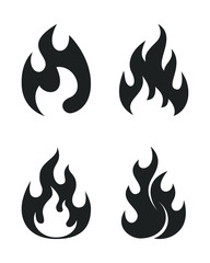 Set flames symbols. Black icons isolated on white background. Fire flame silhouettes. Simple signs. Vector illustration.