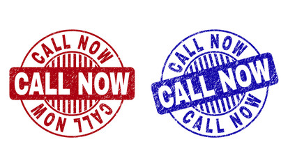 Grunge CALL NOW round stamp seals isolated on a white background. Round seals with grunge texture in red and blue colors. Vector rubber watermark of CALL NOW label inside circle form with stripes.