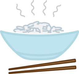 Color badge, blue plate with hot rice and chopsticks