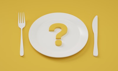 What do we eat today? Question mark on plate with cutlery on the sides. 3D Illustration.