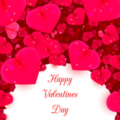 Realistic 3D Colorful Romantic Valentine Hearts in Red Background Floating with Happy Valentines Day Greetings. Place for Text.