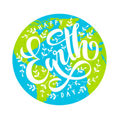 Happy Earth Day poster.  22 April. Vector illustration with lettering and  leaves on white background with  planet 