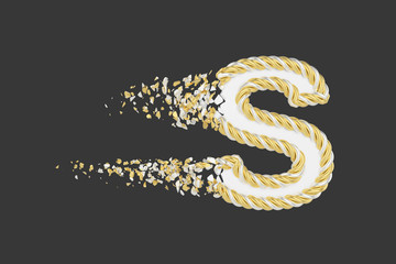 Shattering letter S 3D realistic raster illustration. Twisted letter with explosion effect on dark background.