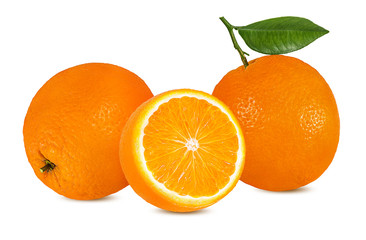 Juicy orange with leaves isolated on white background with clipping path