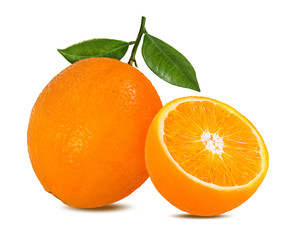 Juicy orange  with leaves isolated on white background with clipping path