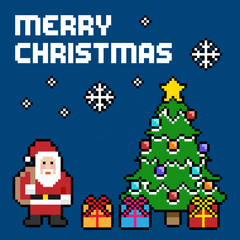 Merry Christmas Illustration. 8-bit Pixel Christmas Icons, Square.