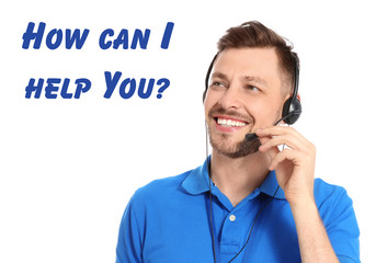 Male technical support operator with headset on white background