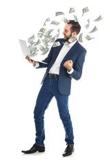 Emotional businessman in office wear with laptop celebrating victory on white background