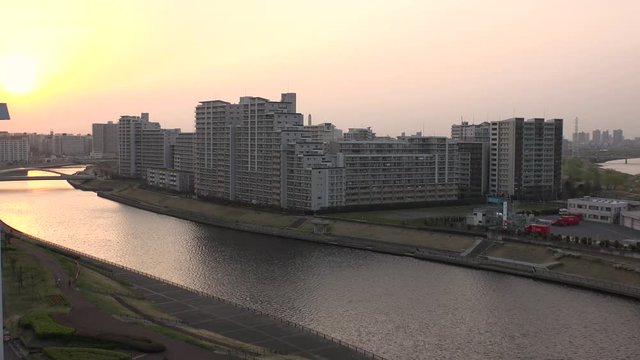 OJI,  TOKYO,  JAPAN - CIRCA APRIL 2019 : Scenery of RESIDENTIAL APARTMENT area in SUNSET at Oji city.  This area is famous for HUGE APARTMENT BUILDINGS in Tokyo.