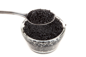 black caviar and spoon, isolated on white
