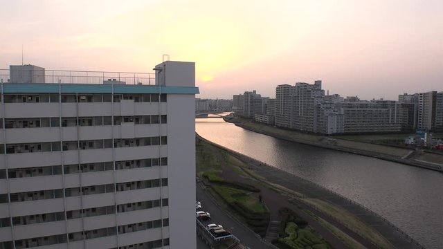 OJI,  TOKYO,  JAPAN - CIRCA APRIL 2019 : Scenery of RESIDENTIAL APARTMENT area in SUNSET at Oji city.  This area is famous for HUGE APARTMENT BUILDINGS in Tokyo.