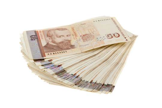 Stack of bills, bulgarian money. Bulgarian currency banknotes 50 leva, BGN. Finances concept