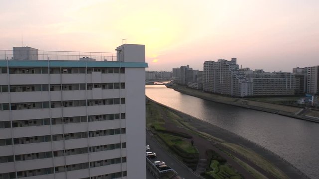 OJI,  TOKYO,  JAPAN - CIRCA APRIL 2019 : Scenery of RESIDENTIAL APARTMENT area in SUNSET at Oji city.  This area is famous for HUGE APARTMENT BUILDINGS in Tokyo.