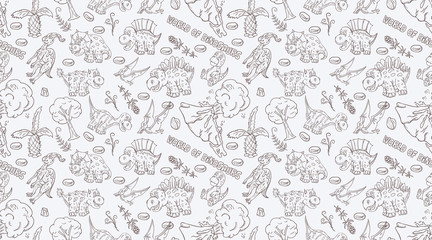 contour seamless illustration_10_of the pattern of small dinosaurs and trees, plants, stones, for design in the style of Doodle
