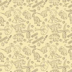 contour seamless illustration_12_of the pattern of small dinosaurs and trees, plants, stones, for design in the style of Doodle