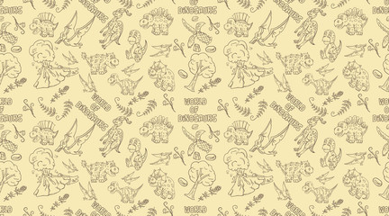 contour seamless illustration_11_of the pattern of small dinosaurs and trees, plants, stones, for design in the style of Doodle