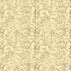 contour seamless illustration_15_of the pattern of small dinosaurs and trees, plants, stones, for design in the style of Doodle