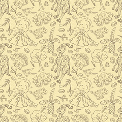 contour seamless illustration_18_of the pattern of small dinosaurs and trees, plants, stones, for design in the style of Doodle