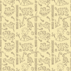 contour seamless illustration_19_of the pattern of small dinosaurs and trees, plants, stones, for design in the style of Doodle