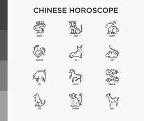 Chinese horoscope thin line icons set: rooster, ox, mouse, dragon, tiger, rabbit, pig, horse, dog, monkey, goat. Modern vector illustration for calendar.