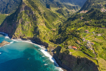 Beautiful mountain landscape of Madeira island, Portugal, on a summer day. Aerial panorama view.
