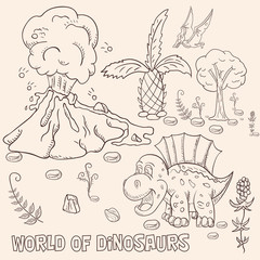 Fototapeta na wymiar contour illustration_2_coloring of small dinosaurs and trees, plants, stones, for design in the style of Doodle