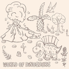 contour illustration_2_coloring of small dinosaurs and trees, plants, stones, for design in the style of Doodle