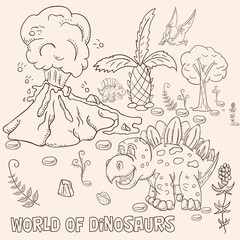 Fototapeta na wymiar contour illustration_3_coloring of small dinosaurs and trees, plants, stones, for design in the style of Doodle