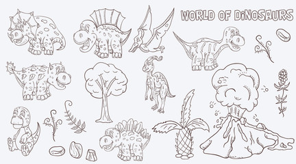 contour illustration coloring of small dinosaurs and trees, plants, stones, for design in the style of Doodle