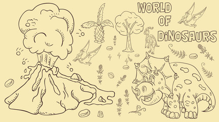 Fototapeta na wymiar contour illustration_4_coloring of small dinosaurs and trees, plants, stones, for design in the style of Doodle