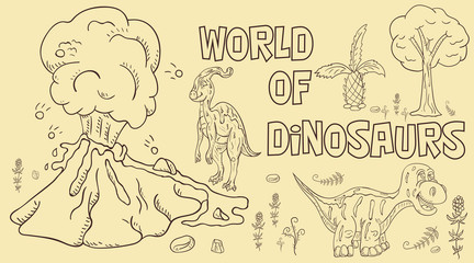 contour illustration_5_coloring of small dinosaurs and trees, plants, stones, for design in the style of Doodle