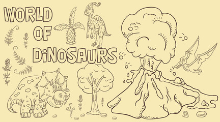 Fototapeta na wymiar contour illustration_6_coloring of small dinosaurs and trees, plants, stones, for design in the style of Doodle