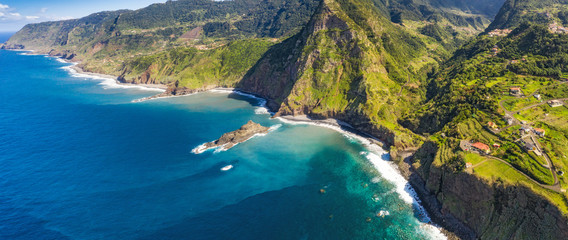 Beautiful mountain landscape of Madeira island, Portugal, on a summer day. Aerial panorama view.