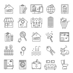 Vector set of Real Estate related line style icons. Outline linear buildings, house and flat rent and sale web symbols set.