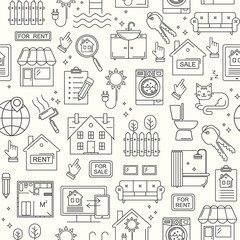 Seamless vector real estate line style pattern. Linear background with sale and rent buildings, house, flat and room. 