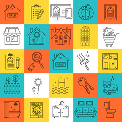 Seamless vector real estate line style pattern. Linear background with sale and rent buildings, house, flat and room. 