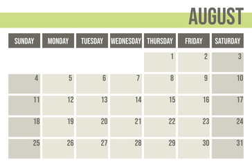 Calendar planner 2019. Monthly planner. August.